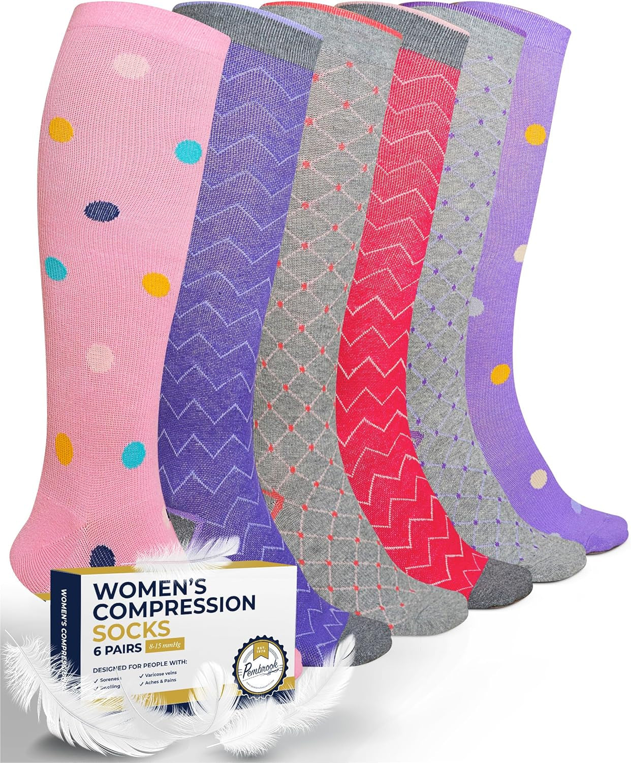 Light Compression Socks for Women - 6 Pairs | 8-15 Mmhg Cotton Compression Socks Women | Circulation Support