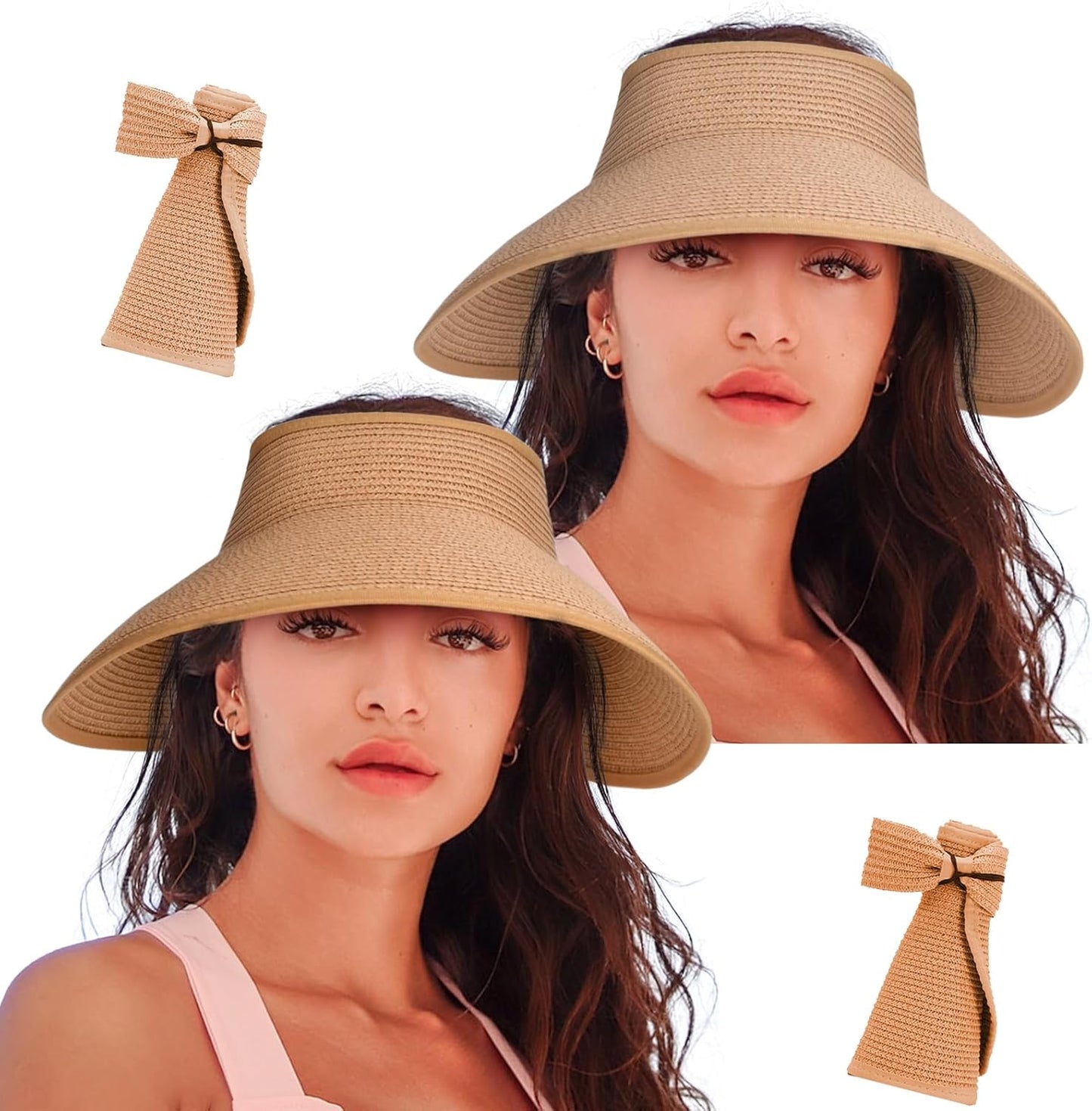 Women'S Sun Visor Hats Wide Brim Straw Beach Hat Ponytail Hats for Women Foldable Floppy