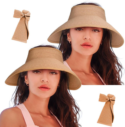 Women'S Sun Visor Hats Wide Brim Straw Beach Hat Ponytail Hats for Women Foldable Floppy
