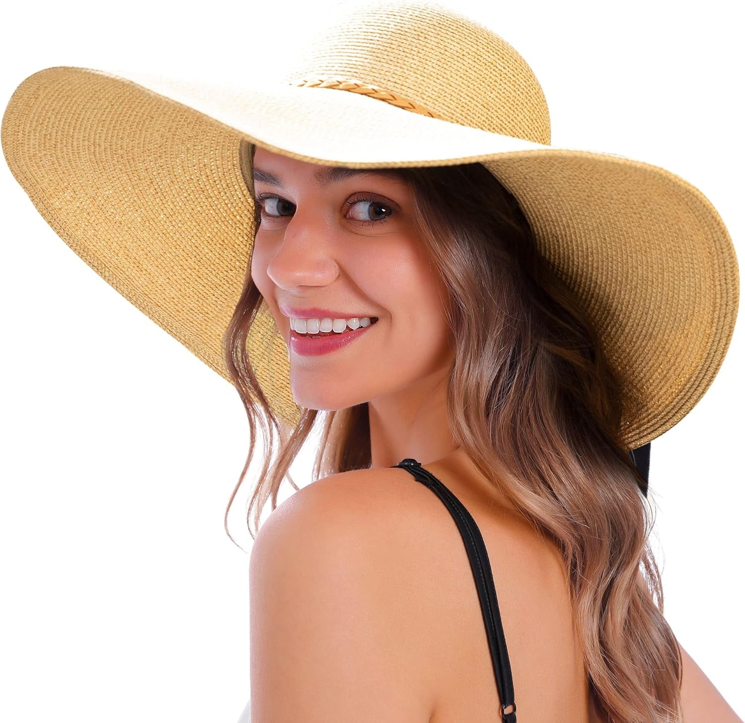Sun Hats for Women UV Protection Wide Brim UPF 50 Foldable Floppy Straw Beach Hat with Strap