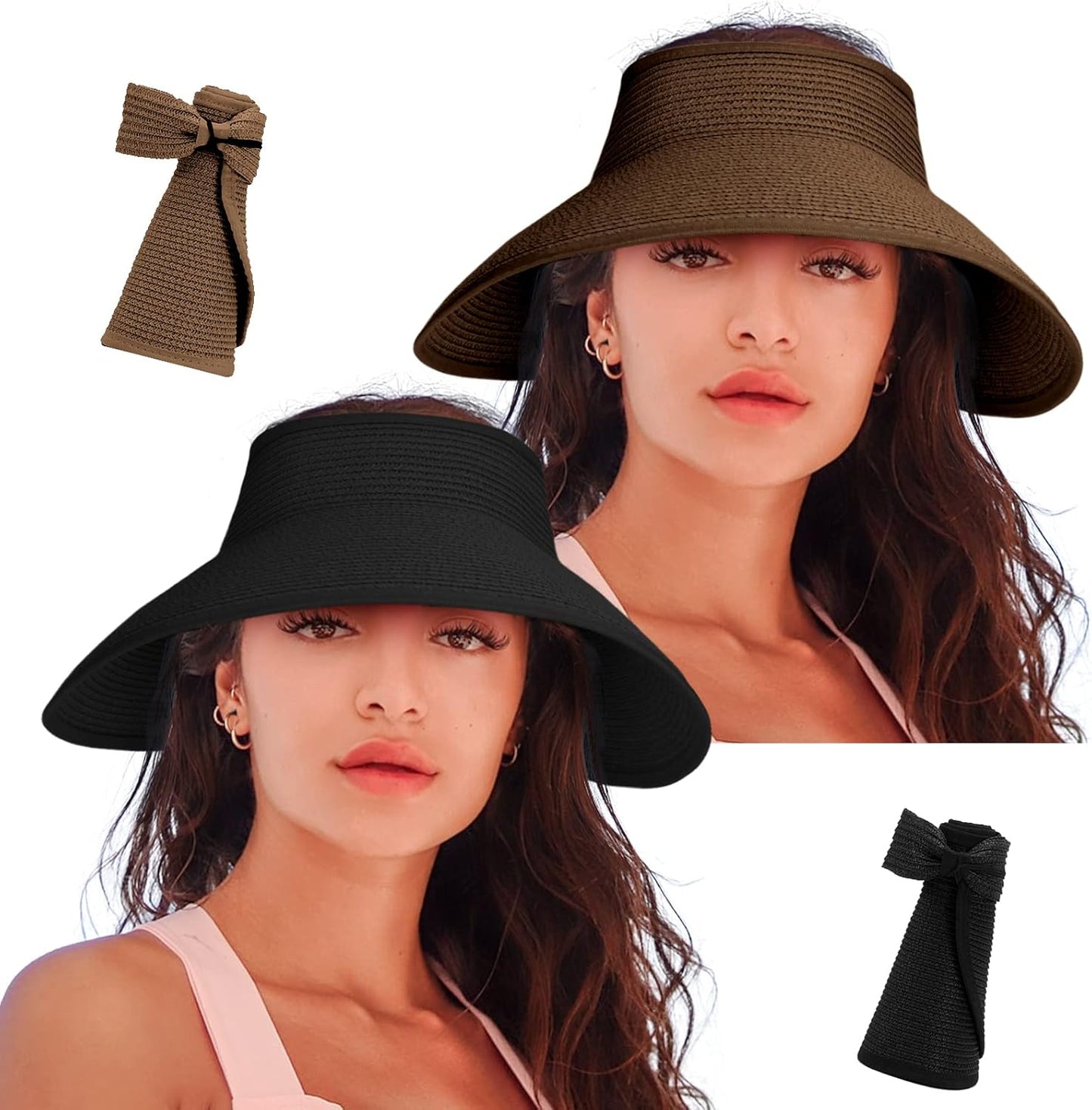 Women'S Sun Visor Hats Wide Brim Straw Beach Hat Ponytail Hats for Women Foldable Floppy