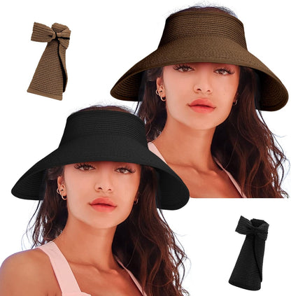 Women'S Sun Visor Hats Wide Brim Straw Beach Hat Ponytail Hats for Women Foldable Floppy