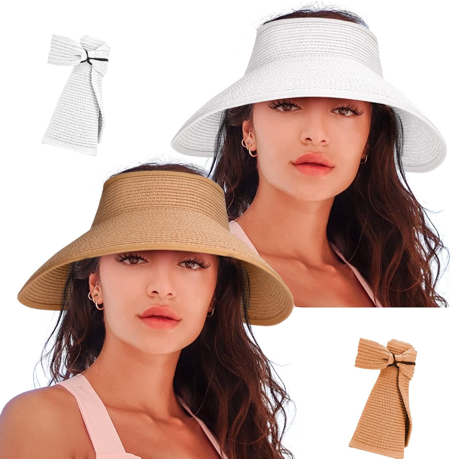 Women'S Sun Visor Hats Wide Brim Straw Beach Hat Ponytail Hats for Women Foldable Floppy