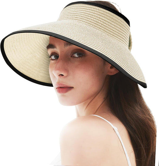 Women'S Sun Visor Hats Wide Brim Straw Beach Hat Ponytail Hats for Women Foldable Floppy