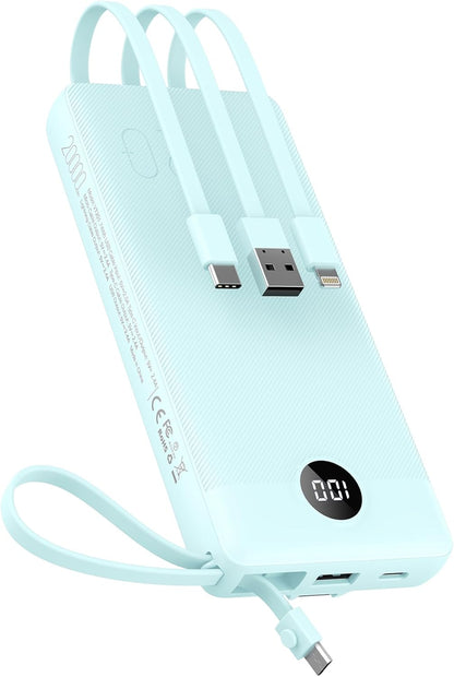 Portable Charger with Built-In Cables 10000Mah Power Bank for Iphone Slim Fast Charge USB C Battery Pack Travel Essentials Powerbank Compatible with Iphone, Samsung, Android, Etc
