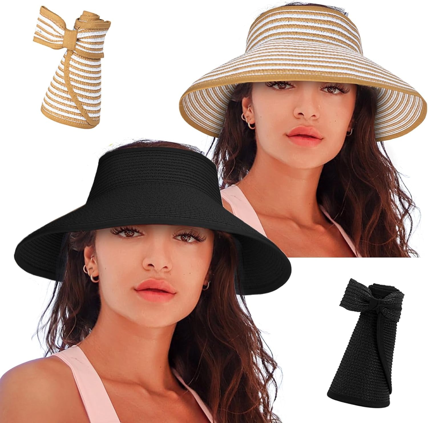 Women'S Sun Visor Hats Wide Brim Straw Beach Hat Ponytail Hats for Women Foldable Floppy