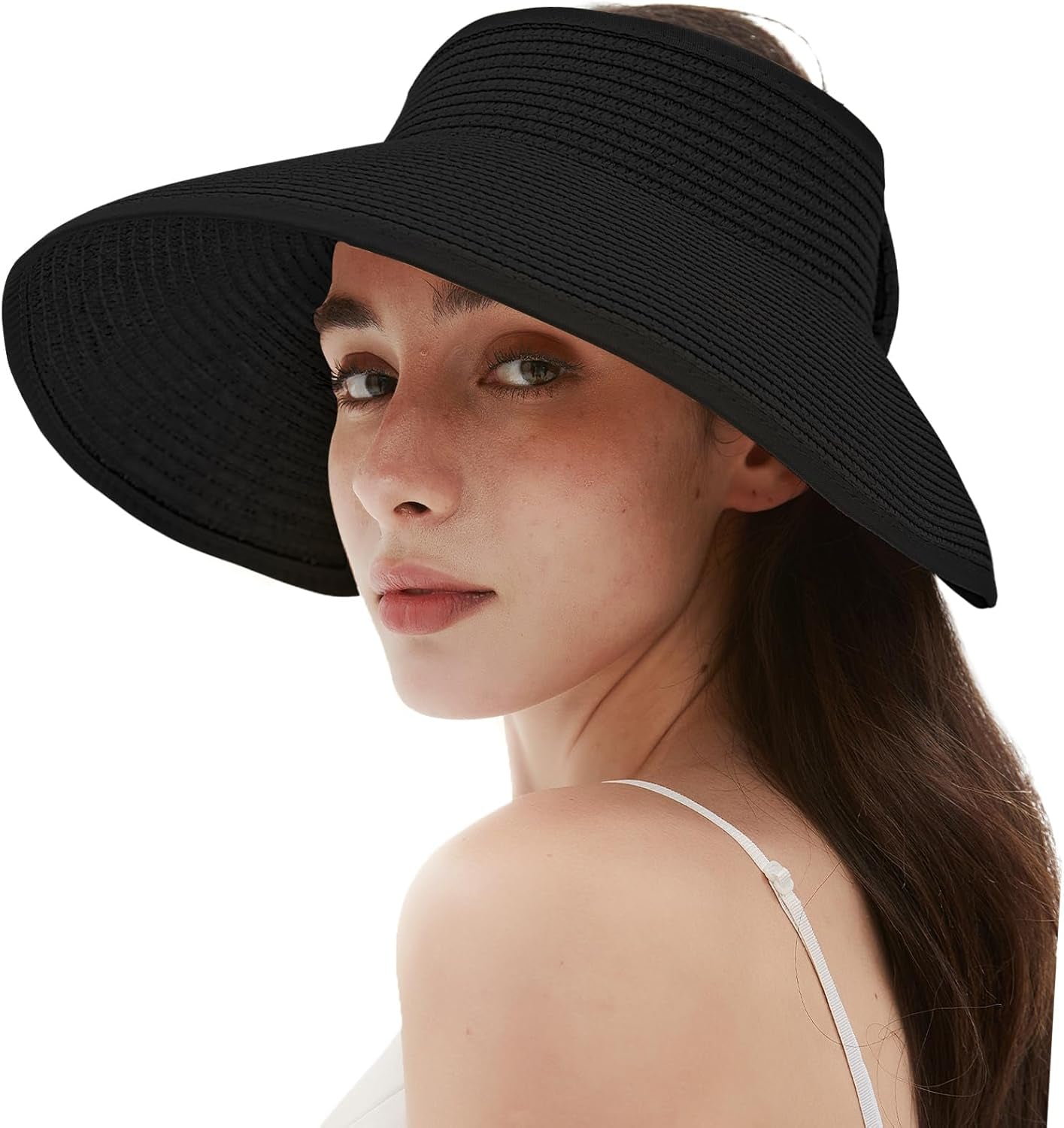 Women'S Sun Visor Hats Wide Brim Straw Beach Hat Ponytail Hats for Women Foldable Floppy
