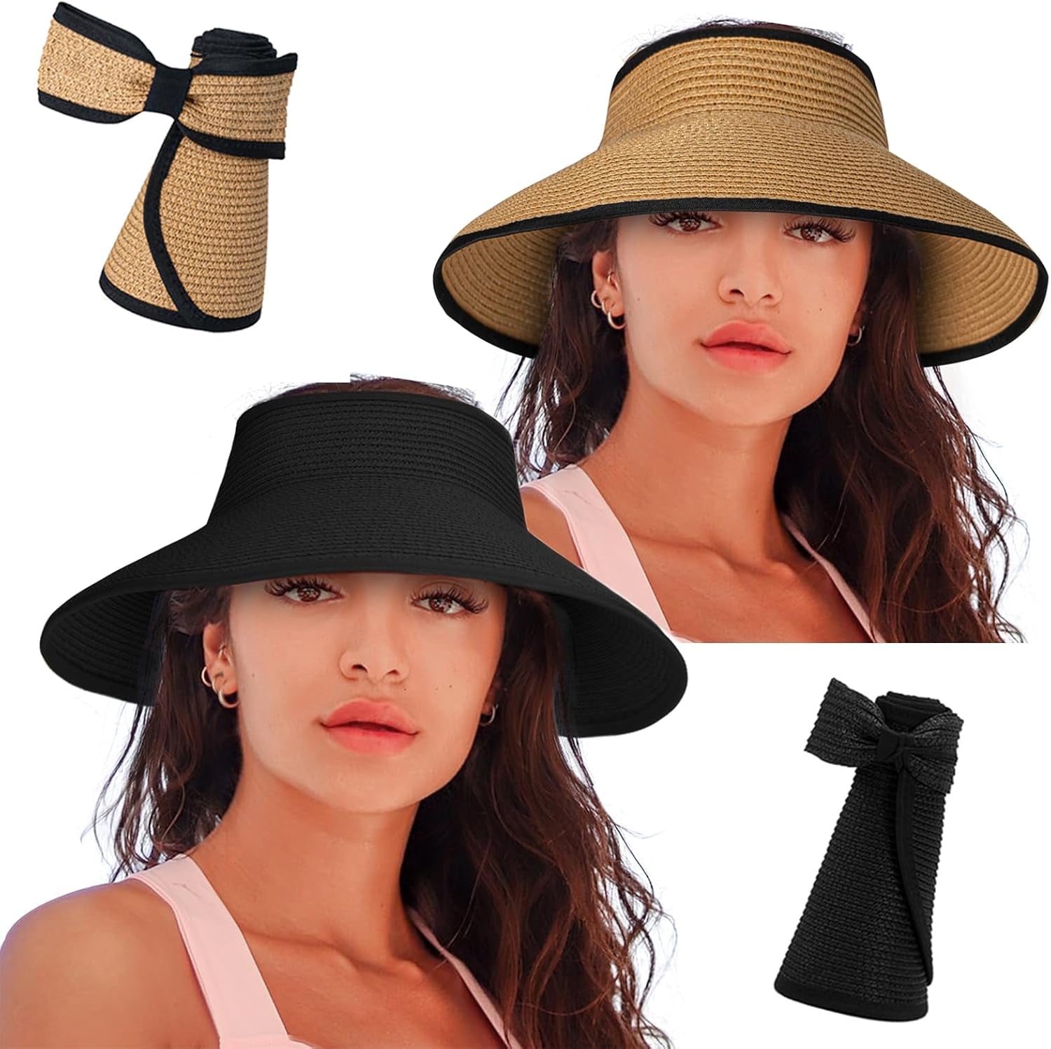 Women'S Sun Visor Hats Wide Brim Straw Beach Hat Ponytail Hats for Women Foldable Floppy