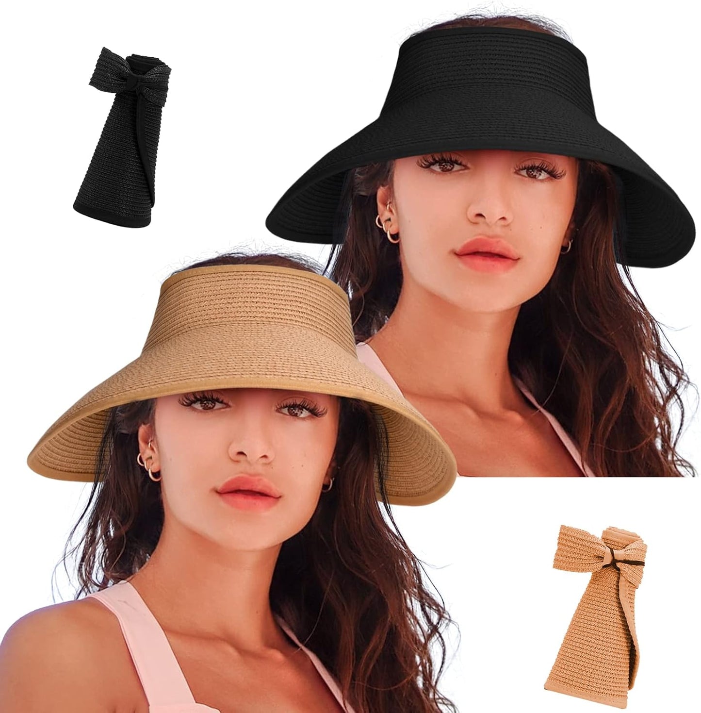 Women'S Sun Visor Hats Wide Brim Straw Beach Hat Ponytail Hats for Women Foldable Floppy