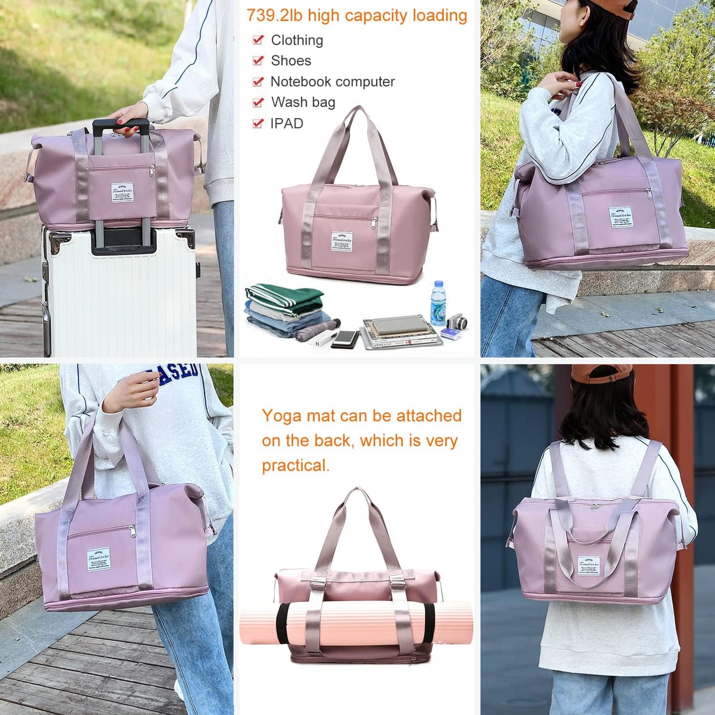 Lightweight Expandable Double Shoulder Strap&Capacity Travel Duffel Bag, Sports Tote Gym Bag, Shoulder Weekender Overnight Bag with Wet Pocket for Women (Pink)