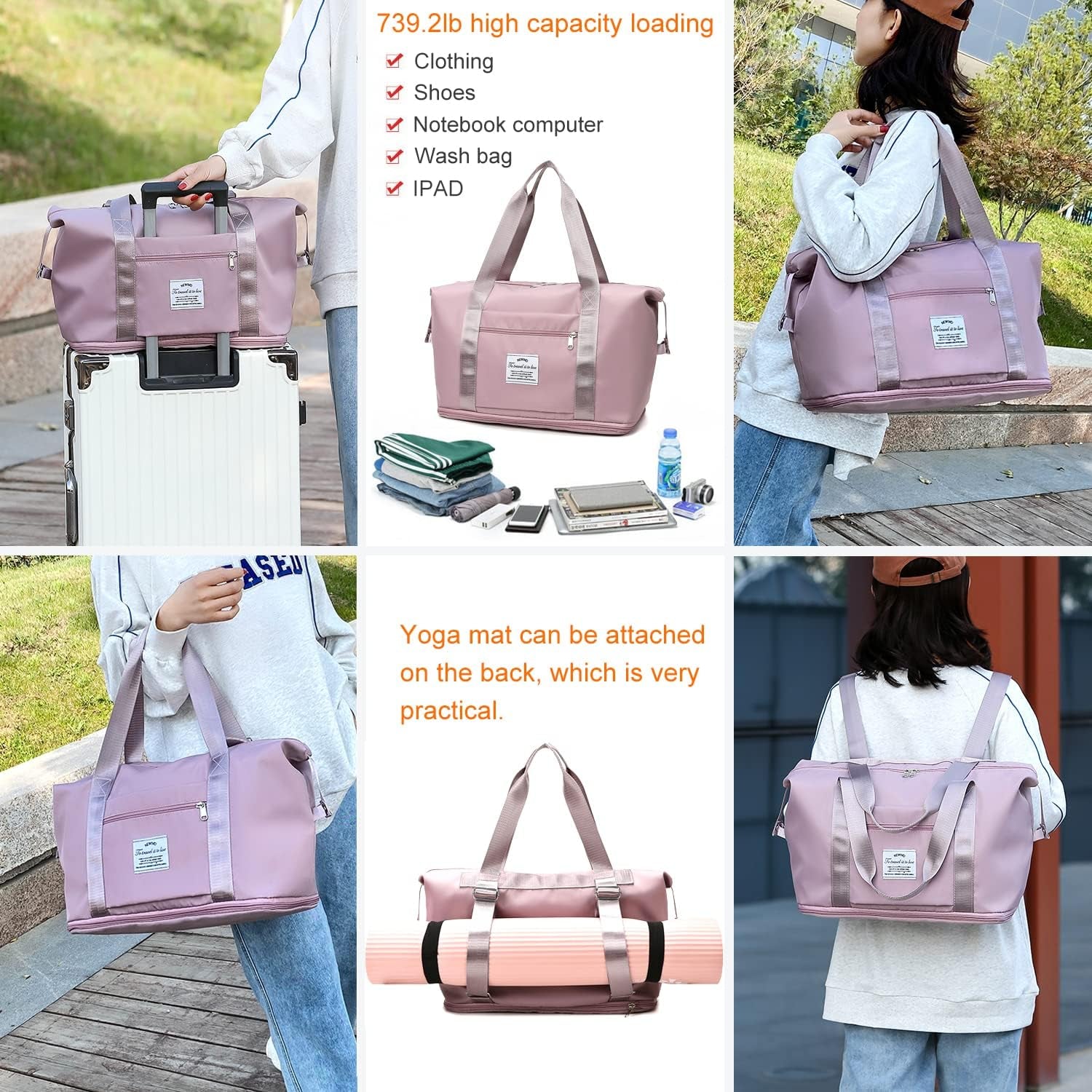 Lightweight Expandable Double Shoulder Strap&Capacity Travel Duffel Bag, Sports Tote Gym Bag, Shoulder Weekender Overnight Bag with Wet Pocket for Women (Pink)