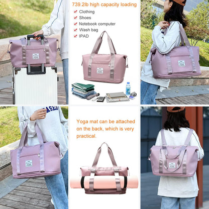Lightweight Expandable Double Shoulder Strap&Capacity Travel Duffel Bag, Sports Tote Gym Bag, Shoulder Weekender Overnight Bag with Wet Pocket for Women (Pink)