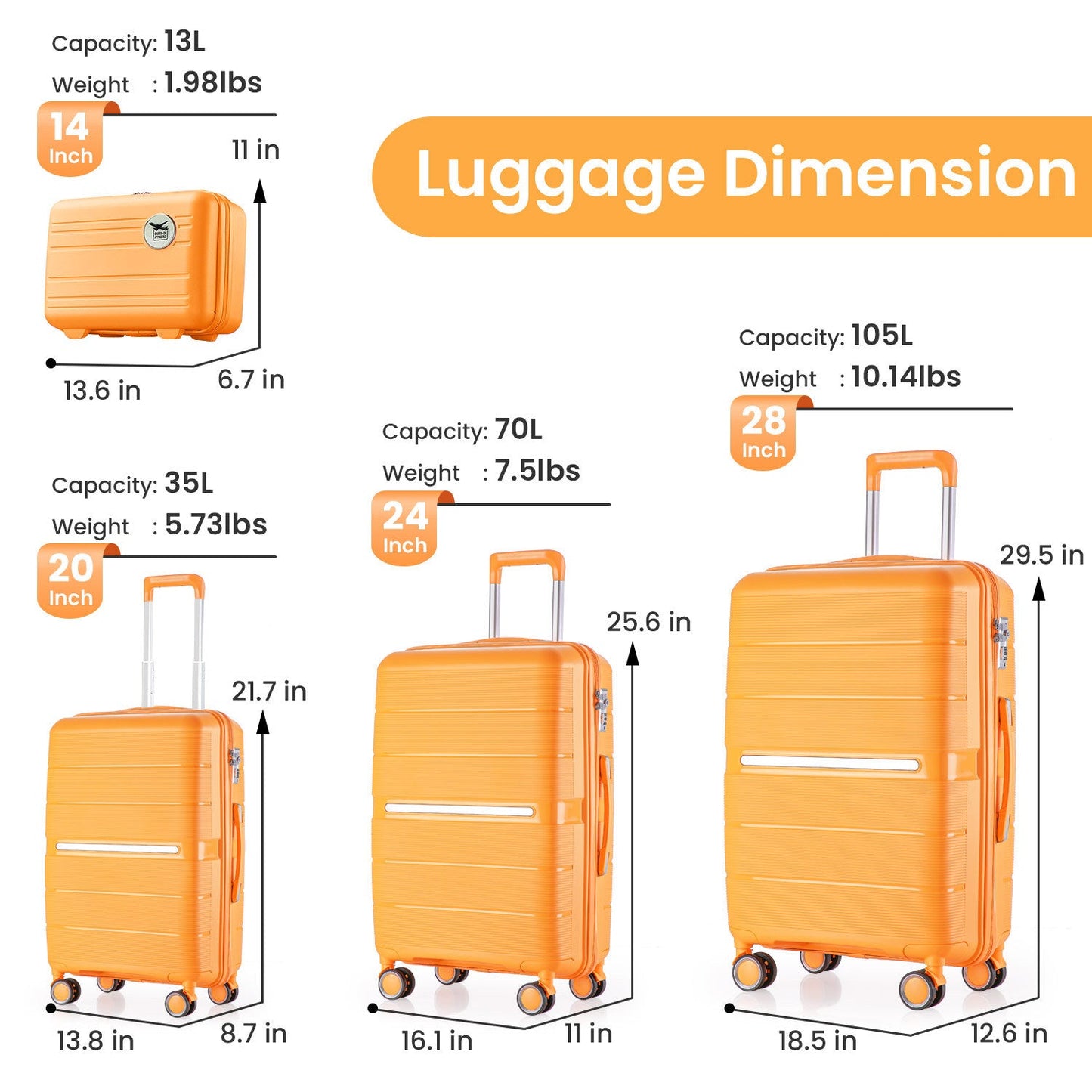 Luggage Sets 4 Piece(14/20/24/28) PP Lightweight & Durable Expandable suitcase