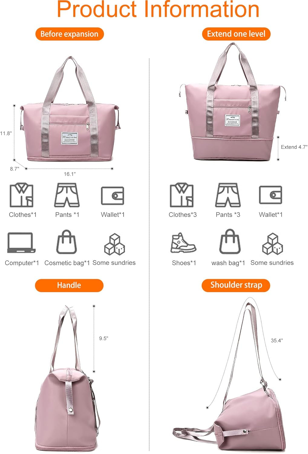 Lightweight Expandable Double Shoulder Strap&Capacity Travel Duffel Bag, Sports Tote Gym Bag, Shoulder Weekender Overnight Bag with Wet Pocket for Women (Pink)