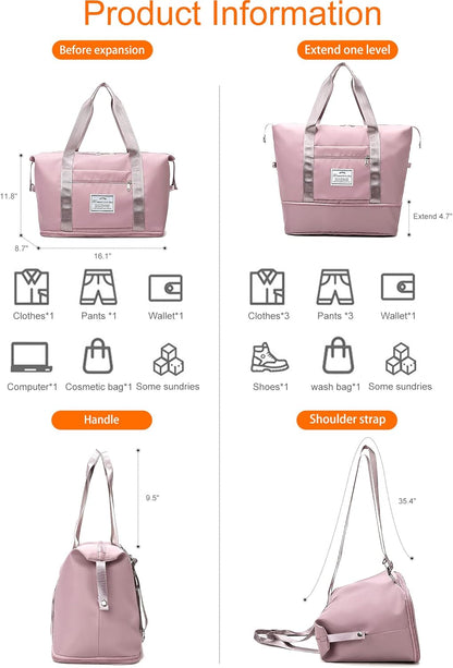 Lightweight Expandable Double Shoulder Strap&Capacity Travel Duffel Bag, Sports Tote Gym Bag, Shoulder Weekender Overnight Bag with Wet Pocket for Women (Pink)