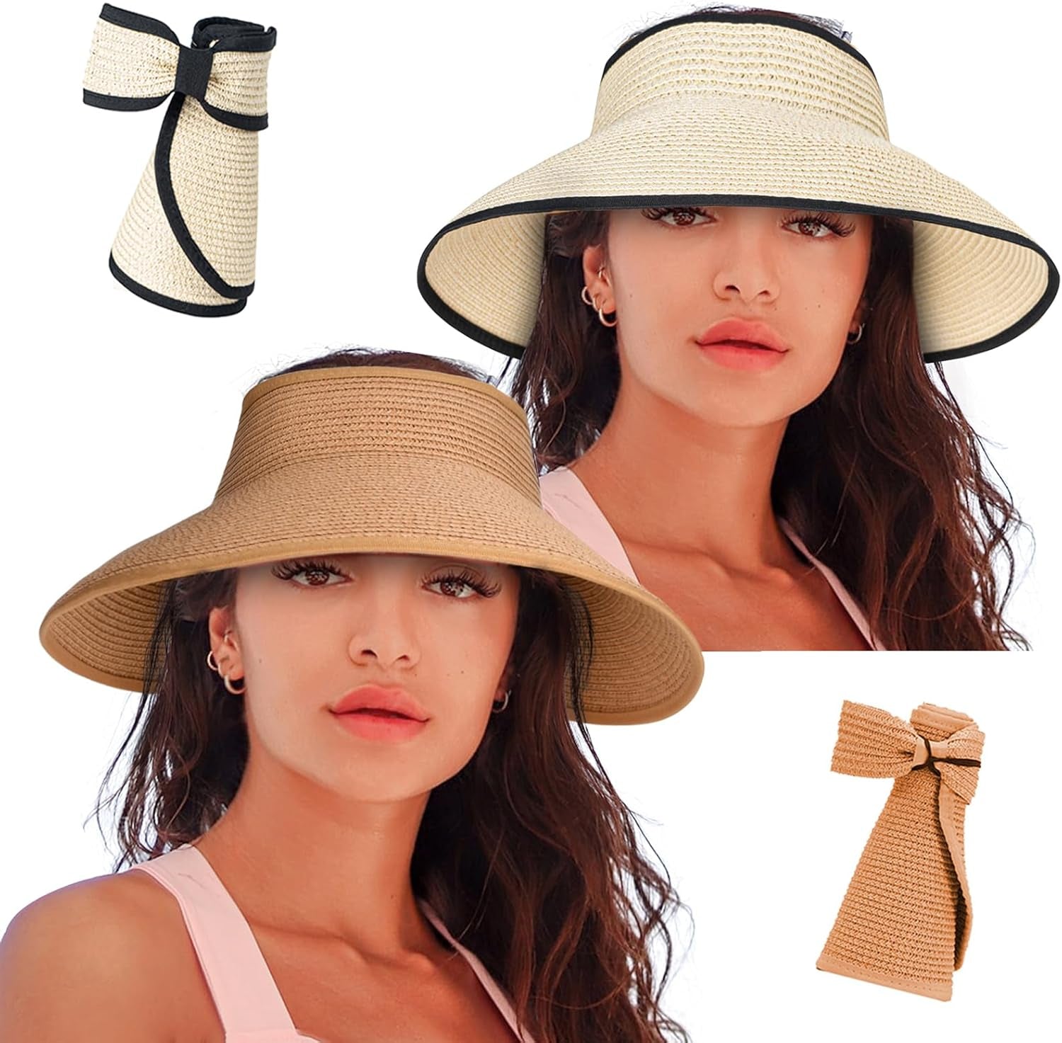 Women'S Sun Visor Hats Wide Brim Straw Beach Hat Ponytail Hats for Women Foldable Floppy