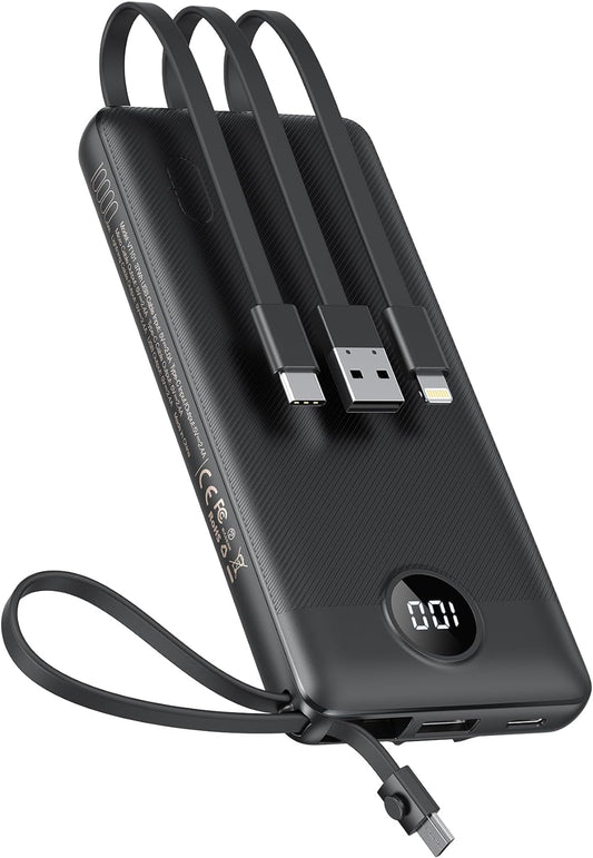 Portable Charger with Built-In Cables 10000Mah Power Bank for Iphone Slim Fast Charge USB C Battery Pack Travel Essentials Powerbank Compatible with Iphone, Samsung, Android, Etc
