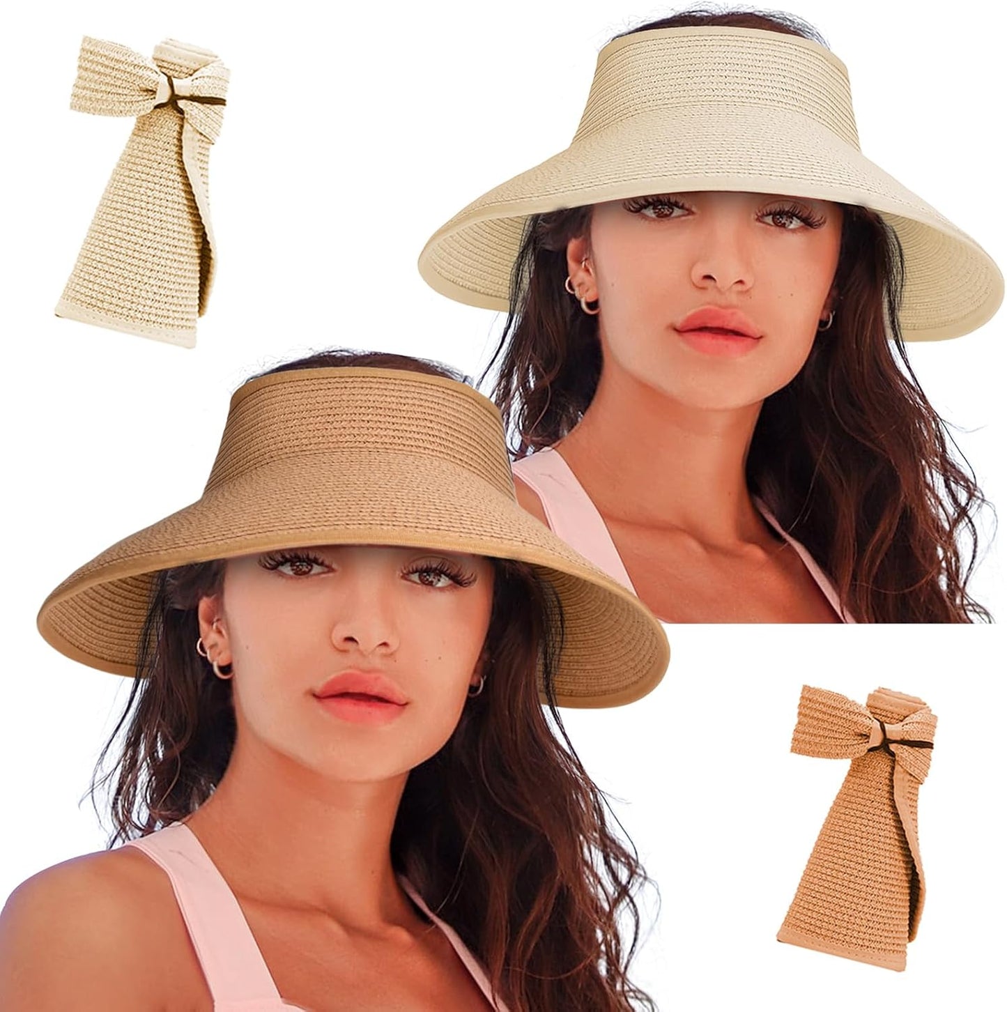 Women'S Sun Visor Hats Wide Brim Straw Beach Hat Ponytail Hats for Women Foldable Floppy