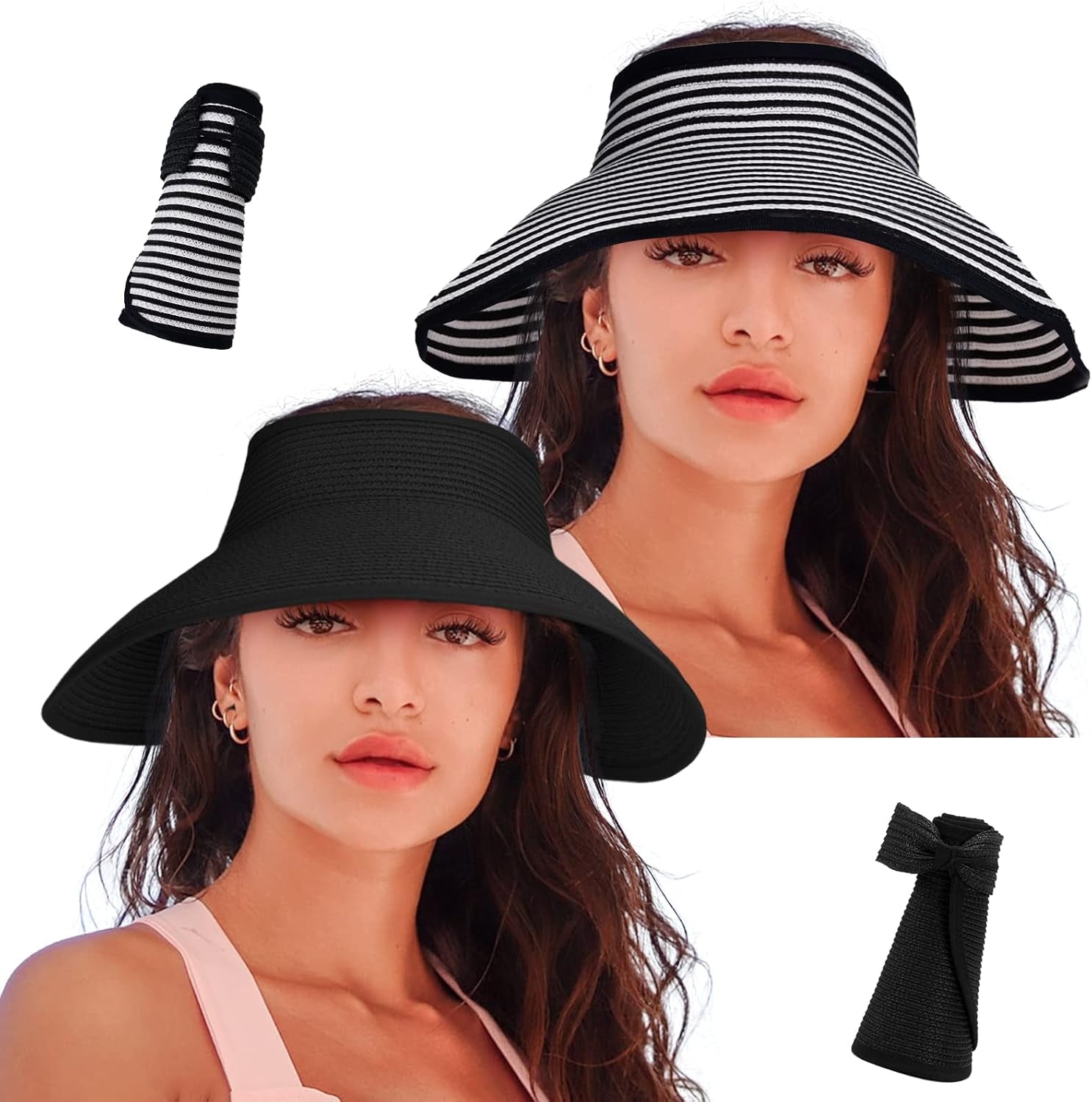 Women'S Sun Visor Hats Wide Brim Straw Beach Hat Ponytail Hats for Women Foldable Floppy