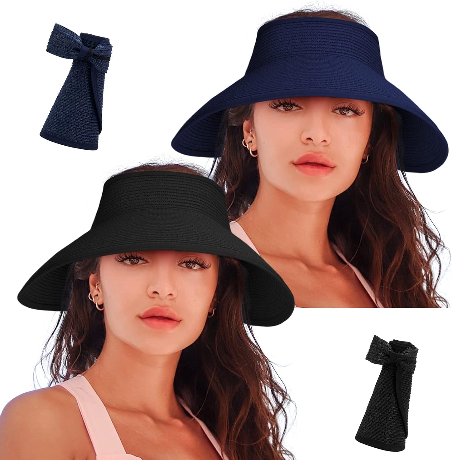 Women'S Sun Visor Hats Wide Brim Straw Beach Hat Ponytail Hats for Women Foldable Floppy