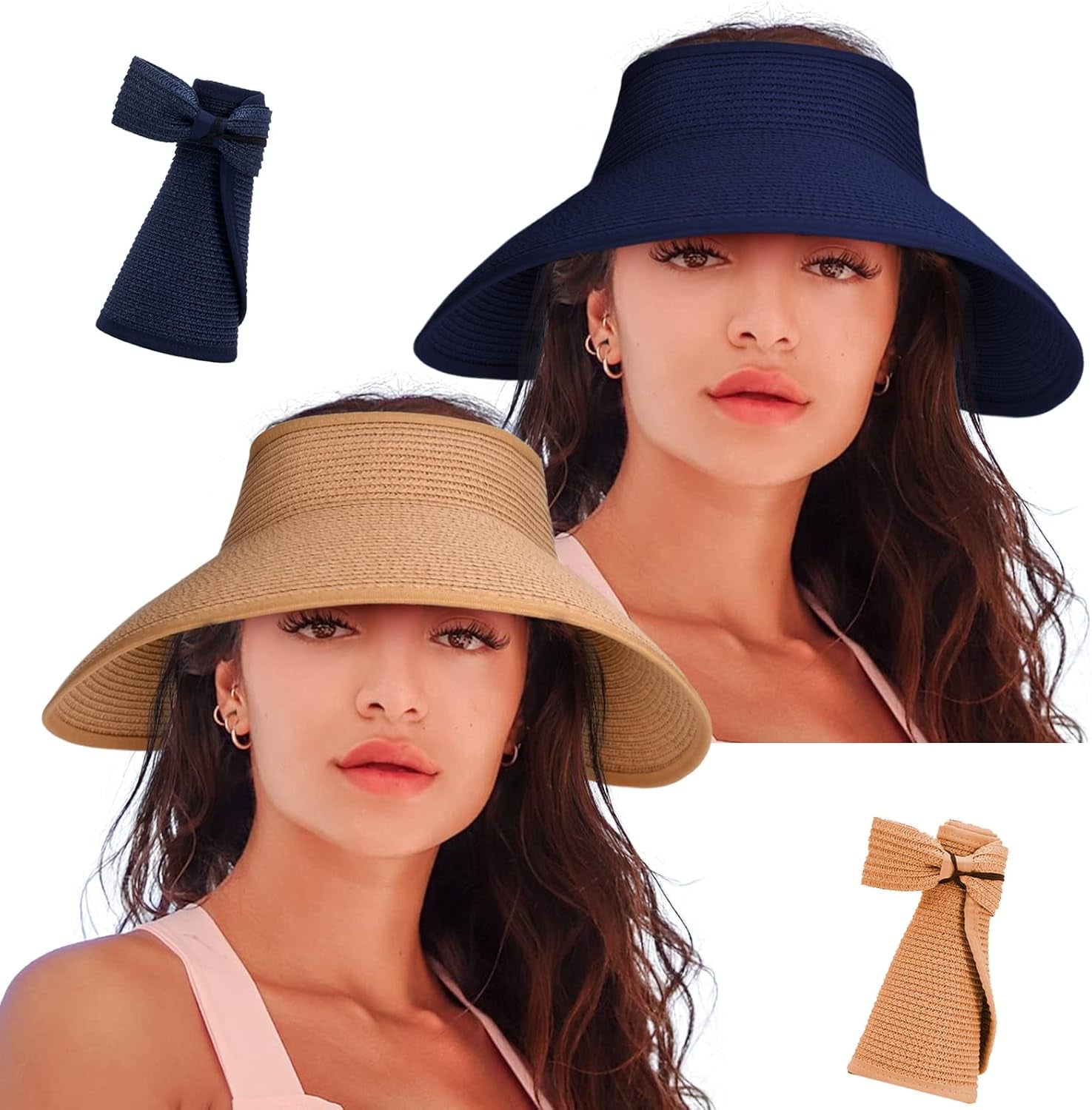 Women'S Sun Visor Hats Wide Brim Straw Beach Hat Ponytail Hats for Women Foldable Floppy