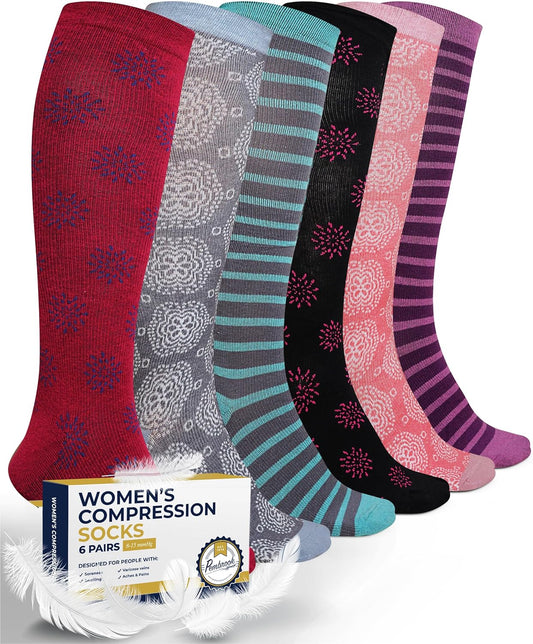 Light Compression Socks for Women - 6 Pairs | 8-15 Mmhg Cotton Compression Socks Women | Circulation Support