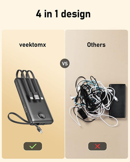 Portable Charger with Built-In Cables 10000Mah Power Bank for Iphone Slim Fast Charge USB C Battery Pack Travel Essentials Powerbank Compatible with Iphone, Samsung, Android, Etc