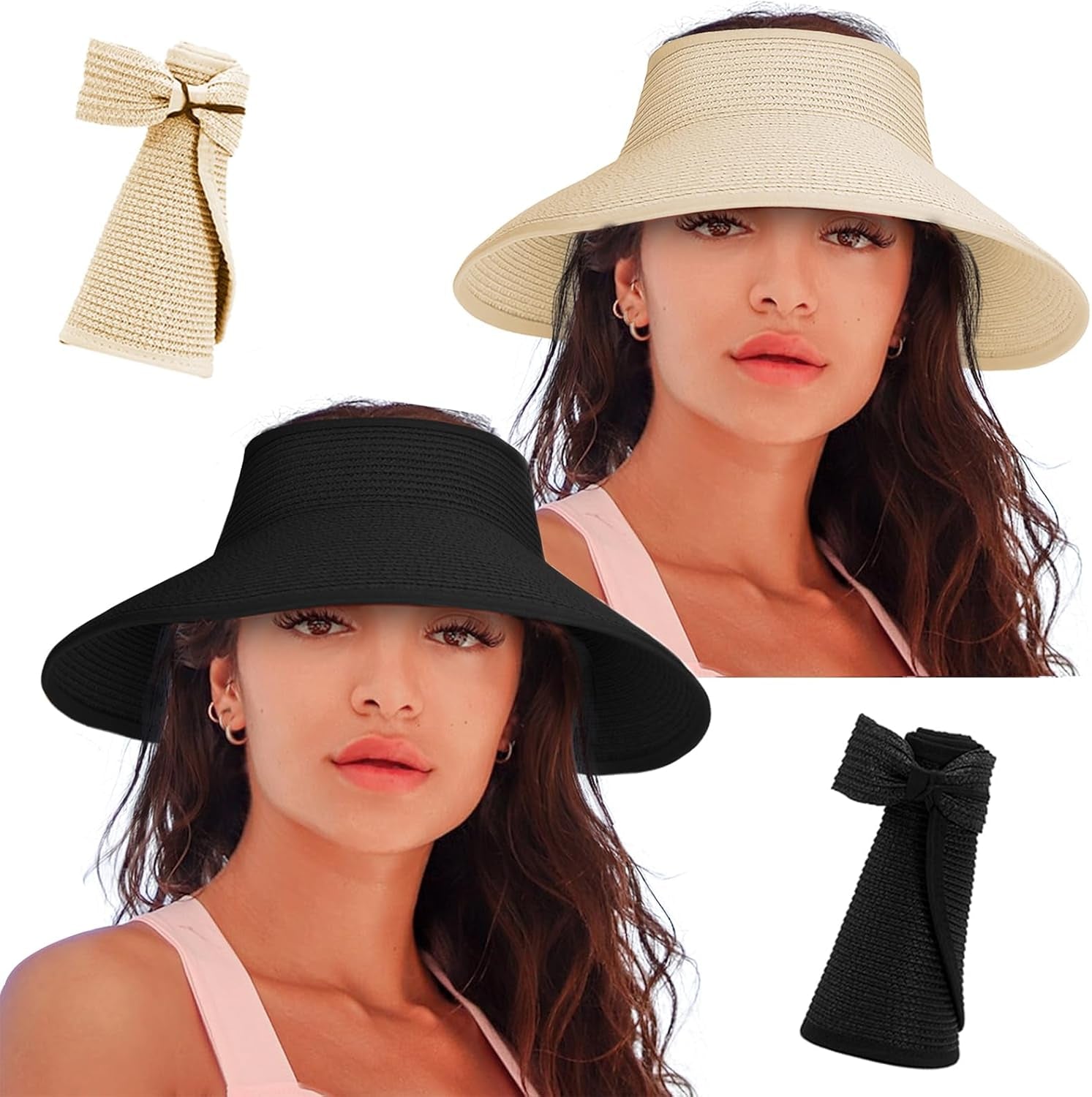 Women'S Sun Visor Hats Wide Brim Straw Beach Hat Ponytail Hats for Women Foldable Floppy