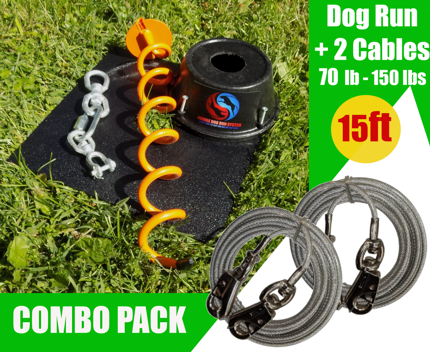 Heavy Duty Tie Out Stake and Cable Combo Pack for Two XL Dogs - 70lbs to 150lbs