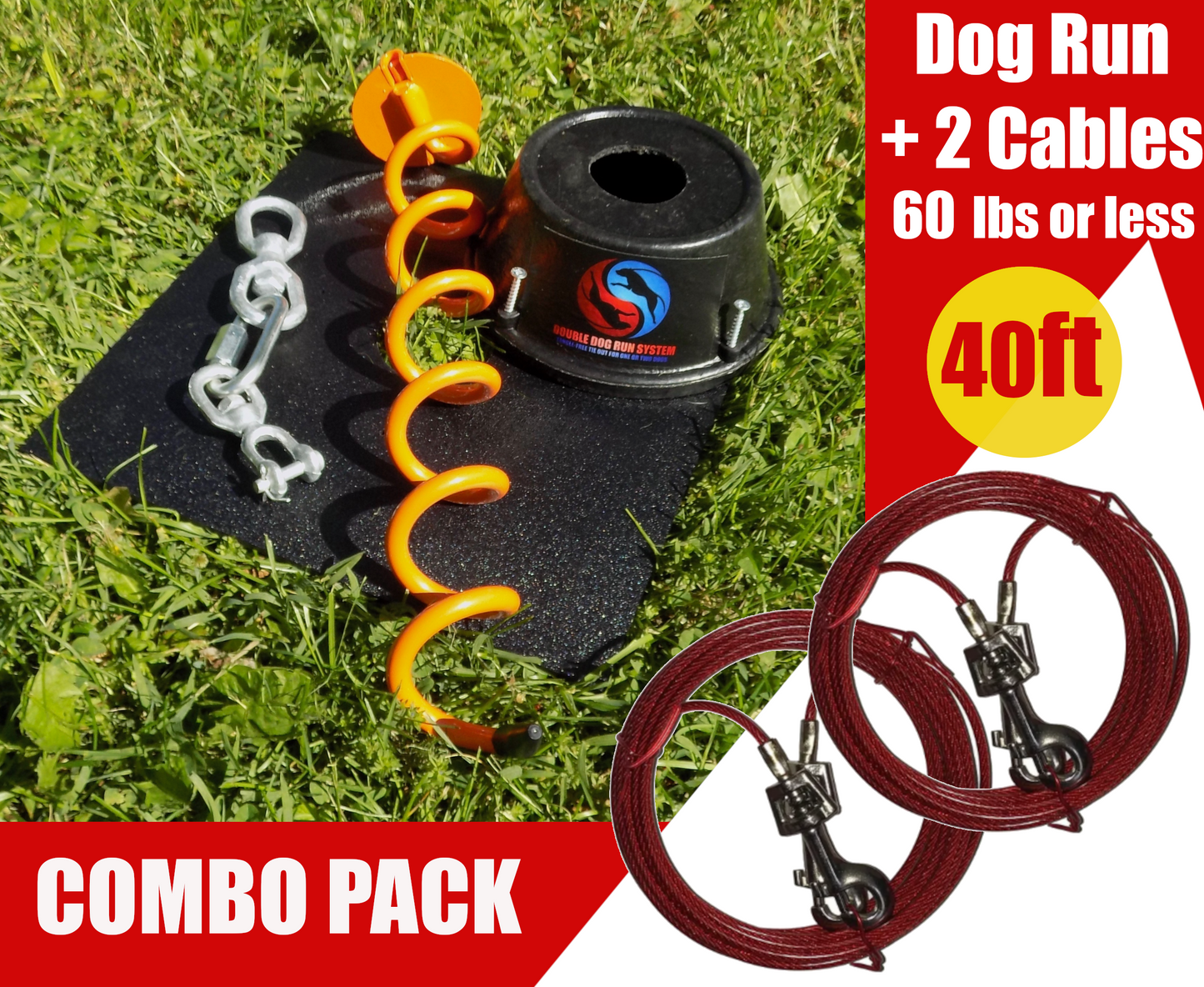 Tangle-free Dog Tie Out Stake with Two Cables - Large Dogs - Up to 60lbs