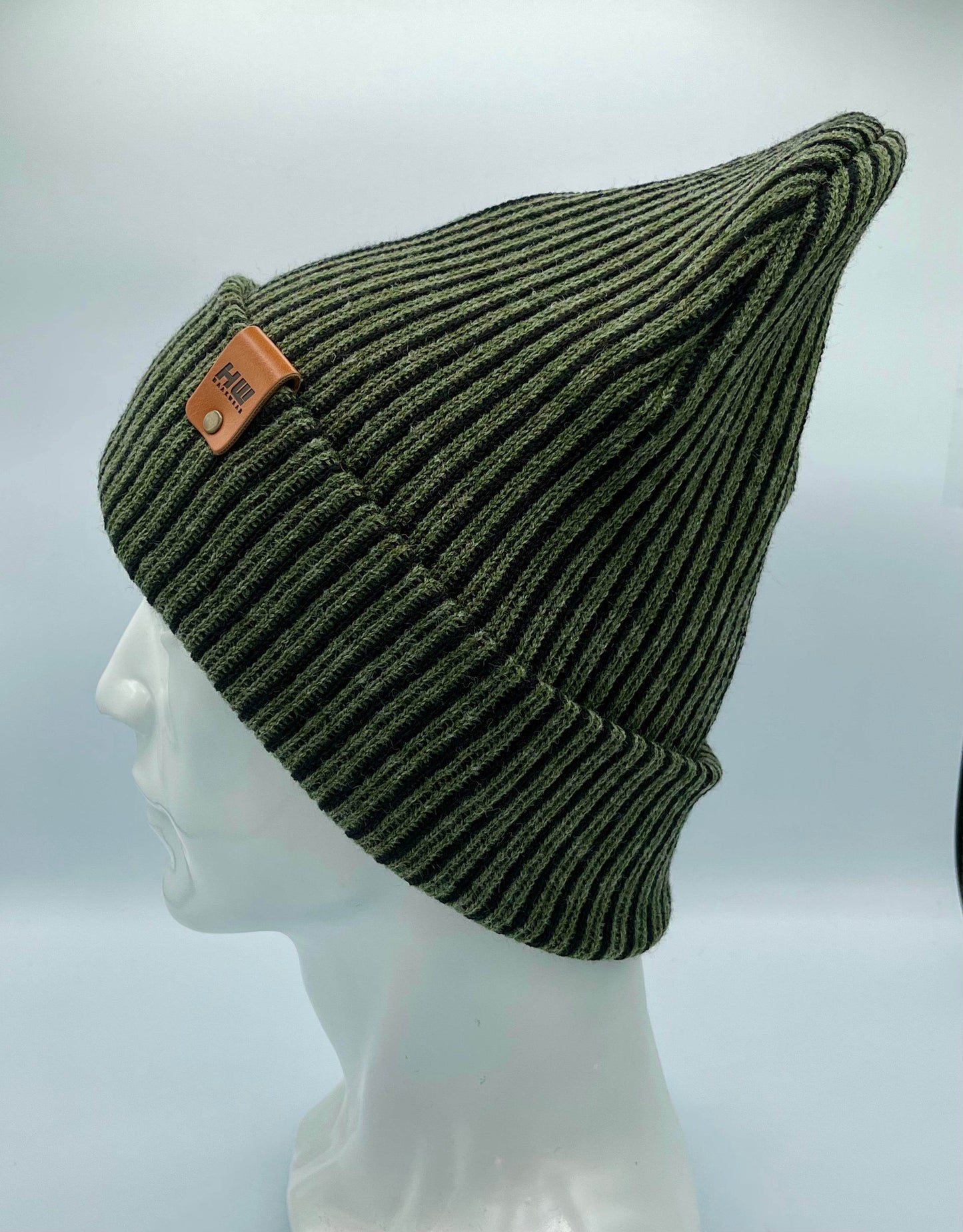 HAAKWEAR Cuffed Wide Ribbed Striped Beanie / Hat, Black / Green, Limited Edition - Made in USA