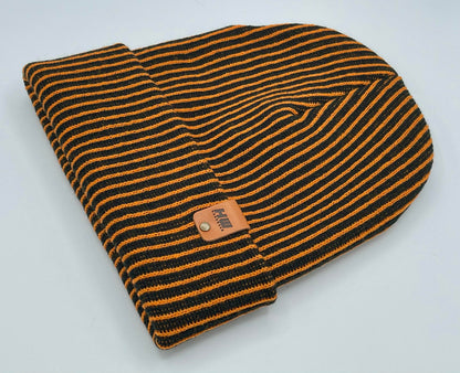 HAAKWEAR Cuffed Wide Ribbed Striped Beanie / Hat, Black / Orange, Limited Edition - Made in USA