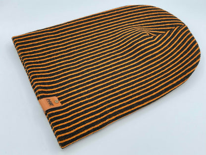 HAAKWEAR Cuffed Wide Ribbed Striped Beanie / Hat, Black / Orange, Limited Edition - Made in USA