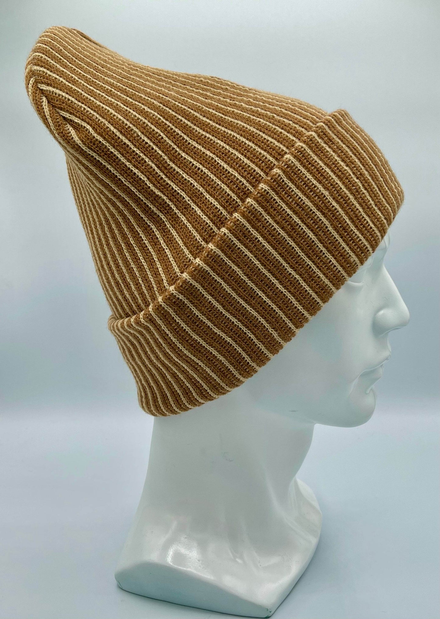 HAAKWEAR Cuffed Wide Ribbed Striped Beanie / Hat, Brown / Beige, Limited Edition - Made in USA