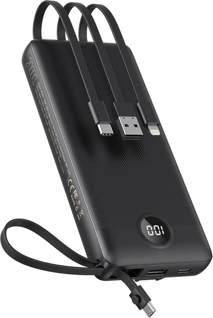 Portable Charger with Built-In Cables 10000Mah Power Bank for Iphone Slim Fast Charge USB C Battery Pack Travel Essentials Powerbank Compatible with Iphone, Samsung, Android, Etc