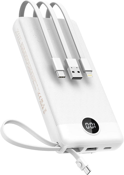 Portable Charger with Built-In Cables 10000Mah Power Bank for Iphone Slim Fast Charge USB C Battery Pack Travel Essentials Powerbank Compatible with Iphone, Samsung, Android, Etc