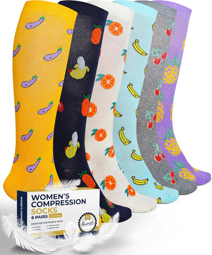 Light Compression Socks for Women - 6 Pairs | 8-15 Mmhg Cotton Compression Socks Women | Circulation Support