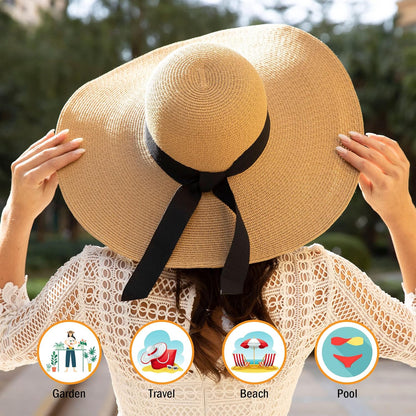 Sun Hats for Women UV Protection Wide Brim UPF 50 Foldable Floppy Straw Beach Hat with Strap