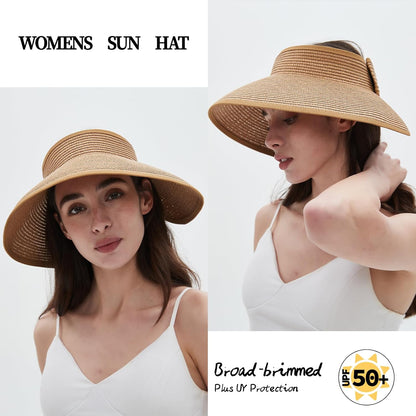 Women'S Sun Visor Hats Wide Brim Straw Beach Hat Ponytail Hats for Women Foldable Floppy