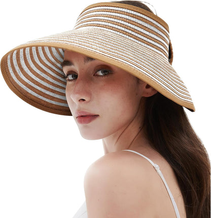 Women'S Sun Visor Hats Wide Brim Straw Beach Hat Ponytail Hats for Women Foldable Floppy