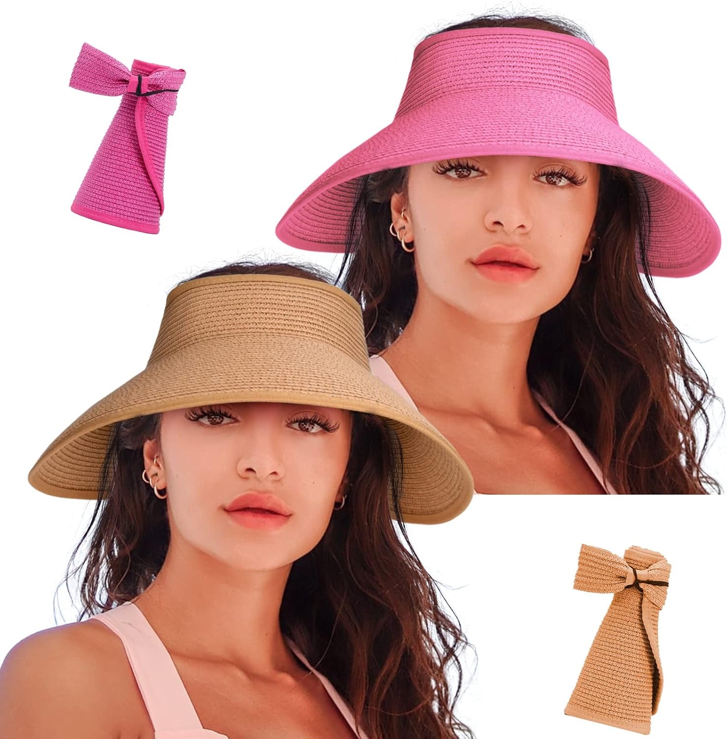 Women'S Sun Visor Hats Wide Brim Straw Beach Hat Ponytail Hats for Women Foldable Floppy