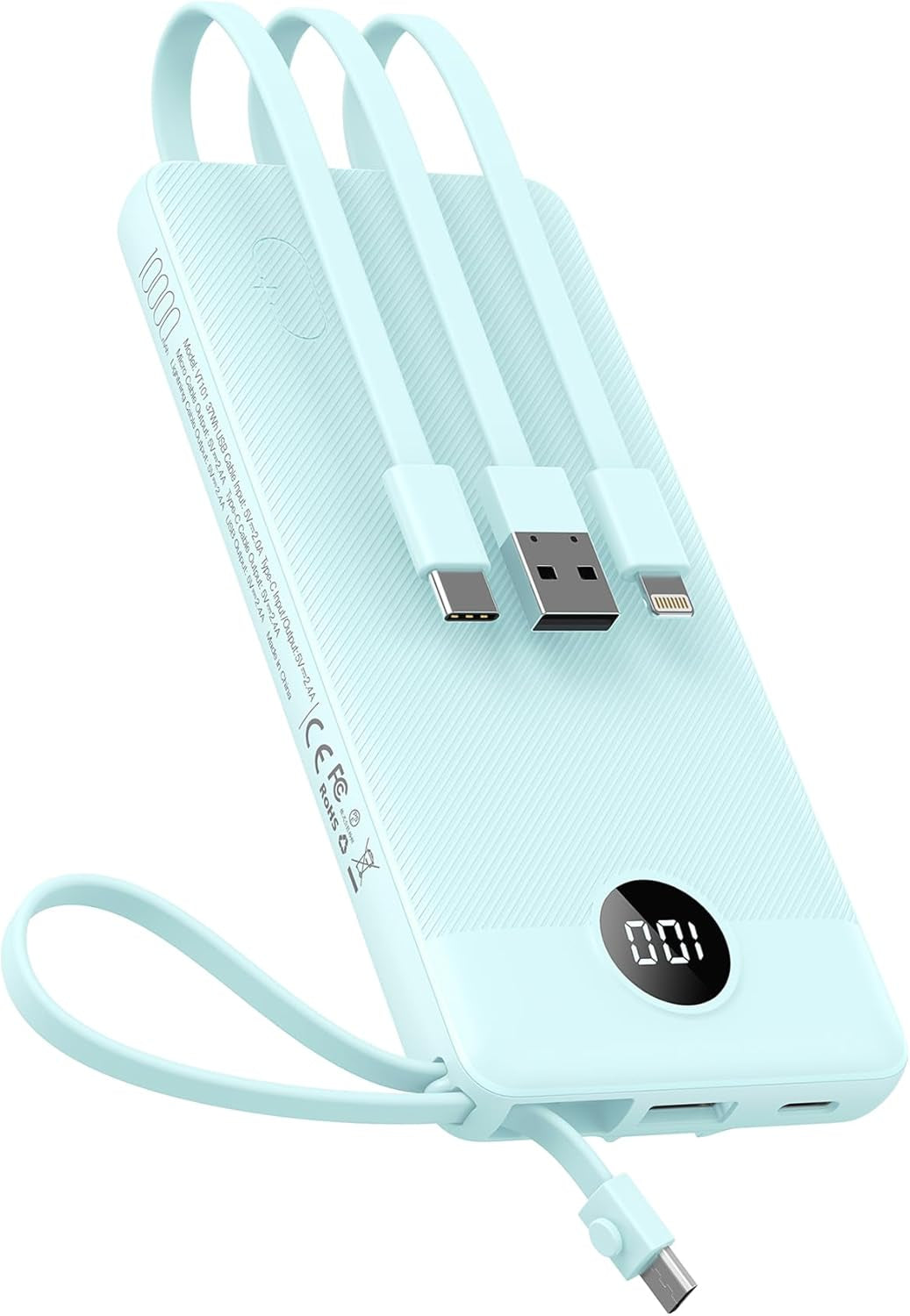 Portable Charger with Built-In Cables 10000Mah Power Bank for Iphone Slim Fast Charge USB C Battery Pack Travel Essentials Powerbank Compatible with Iphone, Samsung, Android, Etc