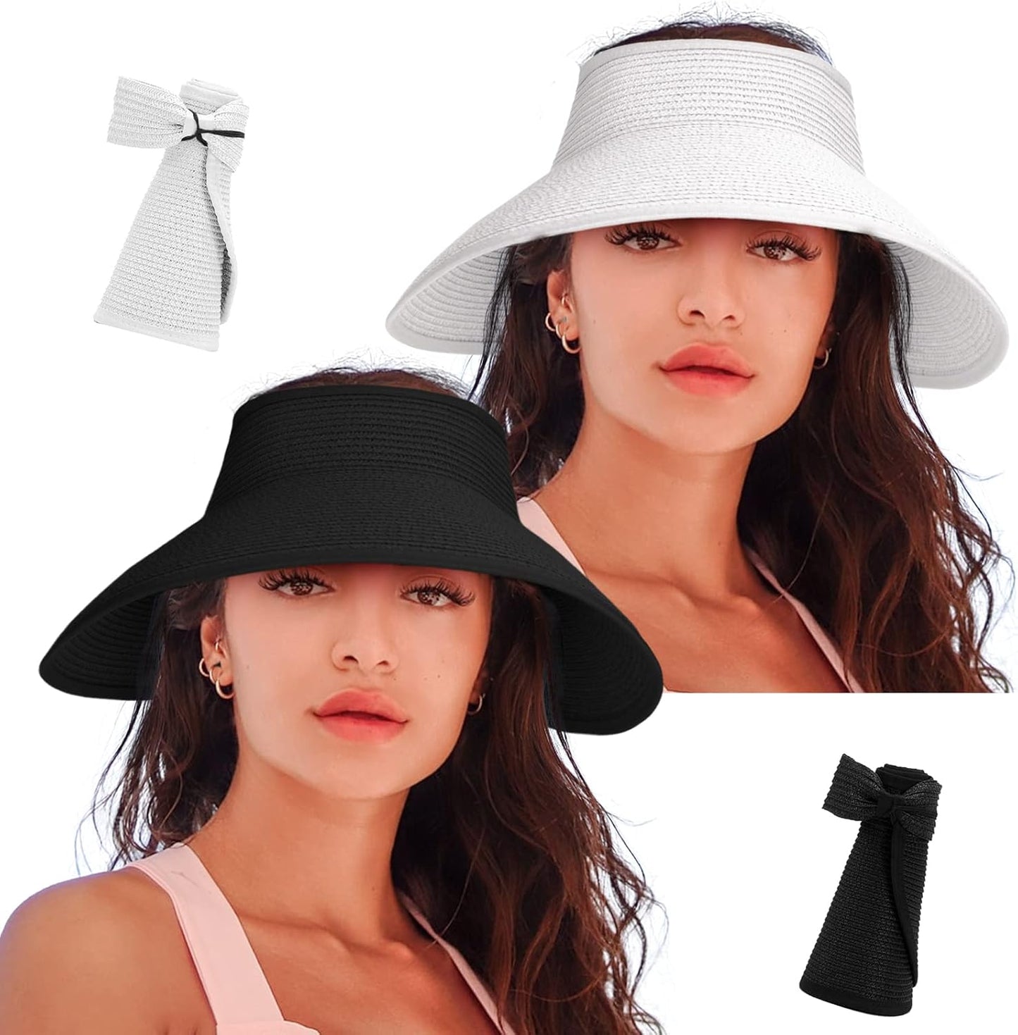 Women'S Sun Visor Hats Wide Brim Straw Beach Hat Ponytail Hats for Women Foldable Floppy