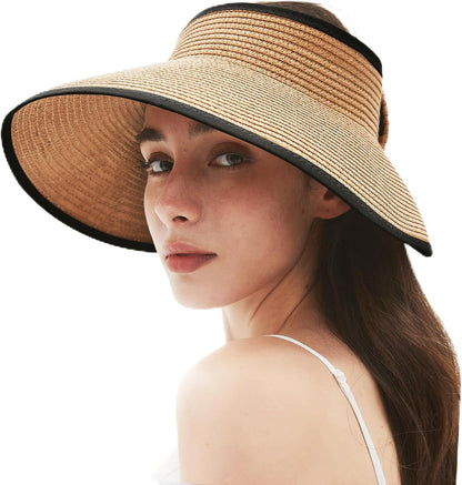 Women'S Sun Visor Hats Wide Brim Straw Beach Hat Ponytail Hats for Women Foldable Floppy