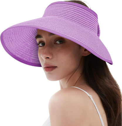 Women'S Sun Visor Hats Wide Brim Straw Beach Hat Ponytail Hats for Women Foldable Floppy