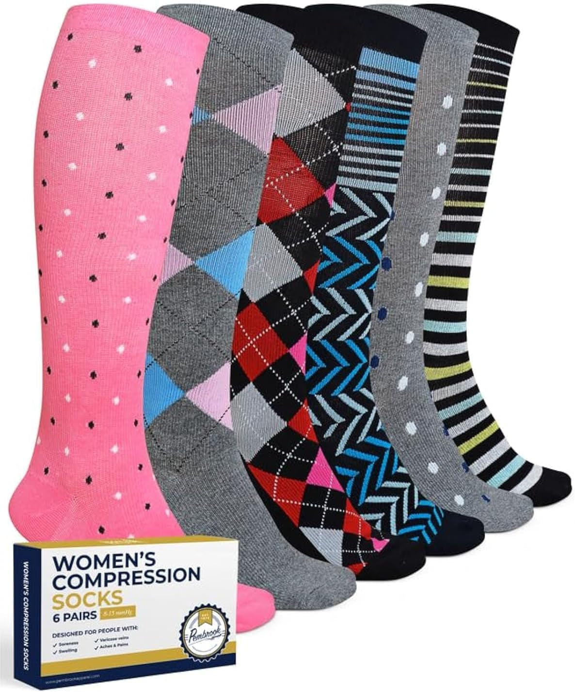 Light Compression Socks for Women - 6 Pairs | 8-15 Mmhg Cotton Compression Socks Women | Circulation Support